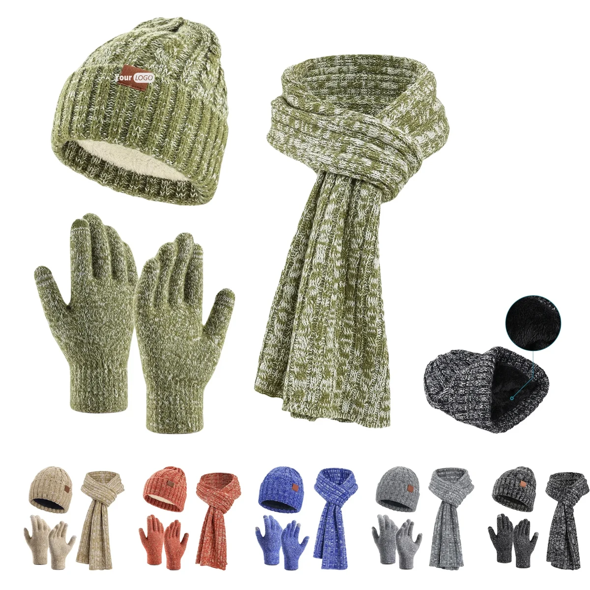 Winter Knit Warm Hat Long Scarf Touch Screen Gloves Set 1
