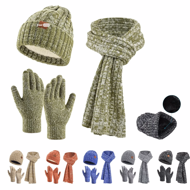 Winter Knit Warm Hat Long Scarf Touch Screen Gloves Set