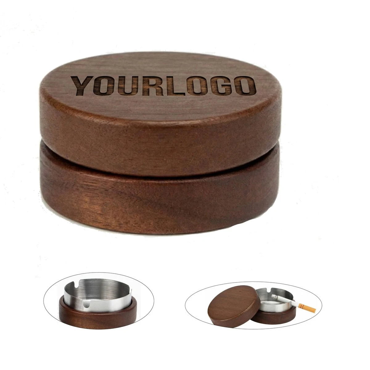 Round Wood Stainless Steel Ashtray 1