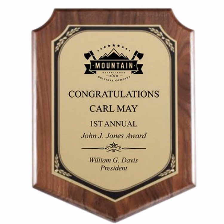 Genuine Walnut Plaque with Brushed Brass Engraving Plate, 8" x 10-1/2" Award