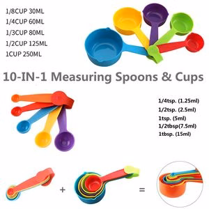 Assorted Color 10 In 1 Plastic Measuring Cup And Spoon Set With Volume Mark