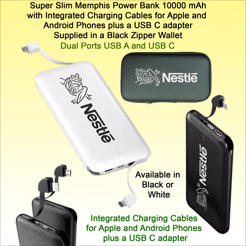 Super Slim Memphis Power Bank- 10000 mAh - with integrated Charging Cables, supplied in a Black Zipp