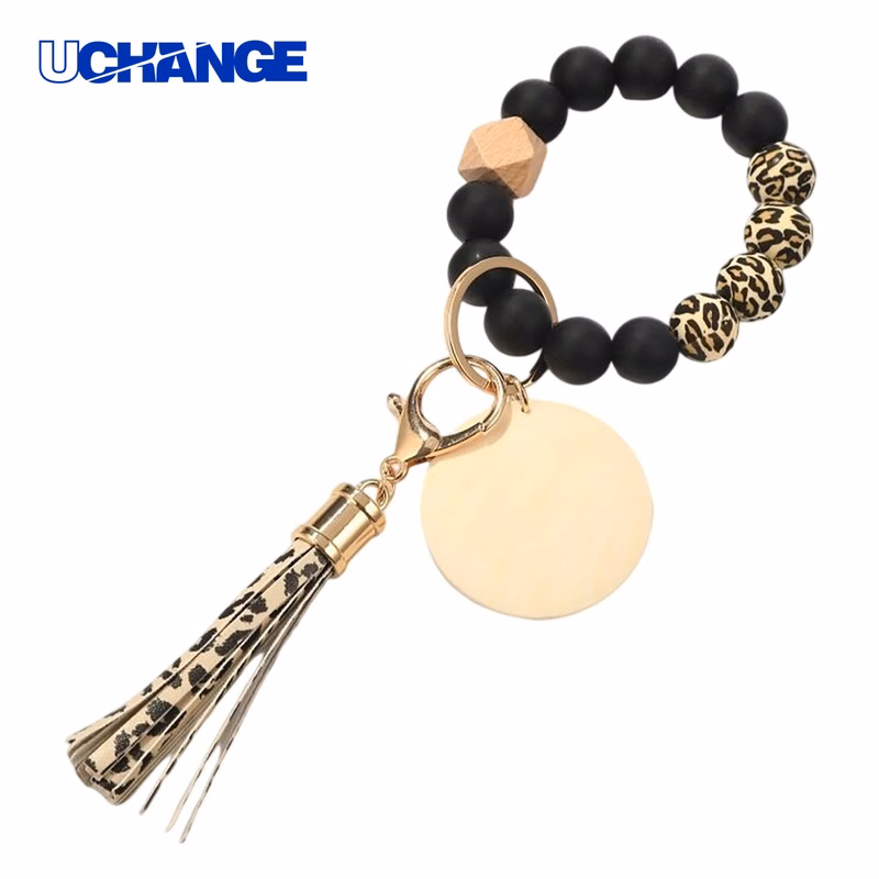 Silicone Bead Wood Bracelet Keychain Laser Engraved