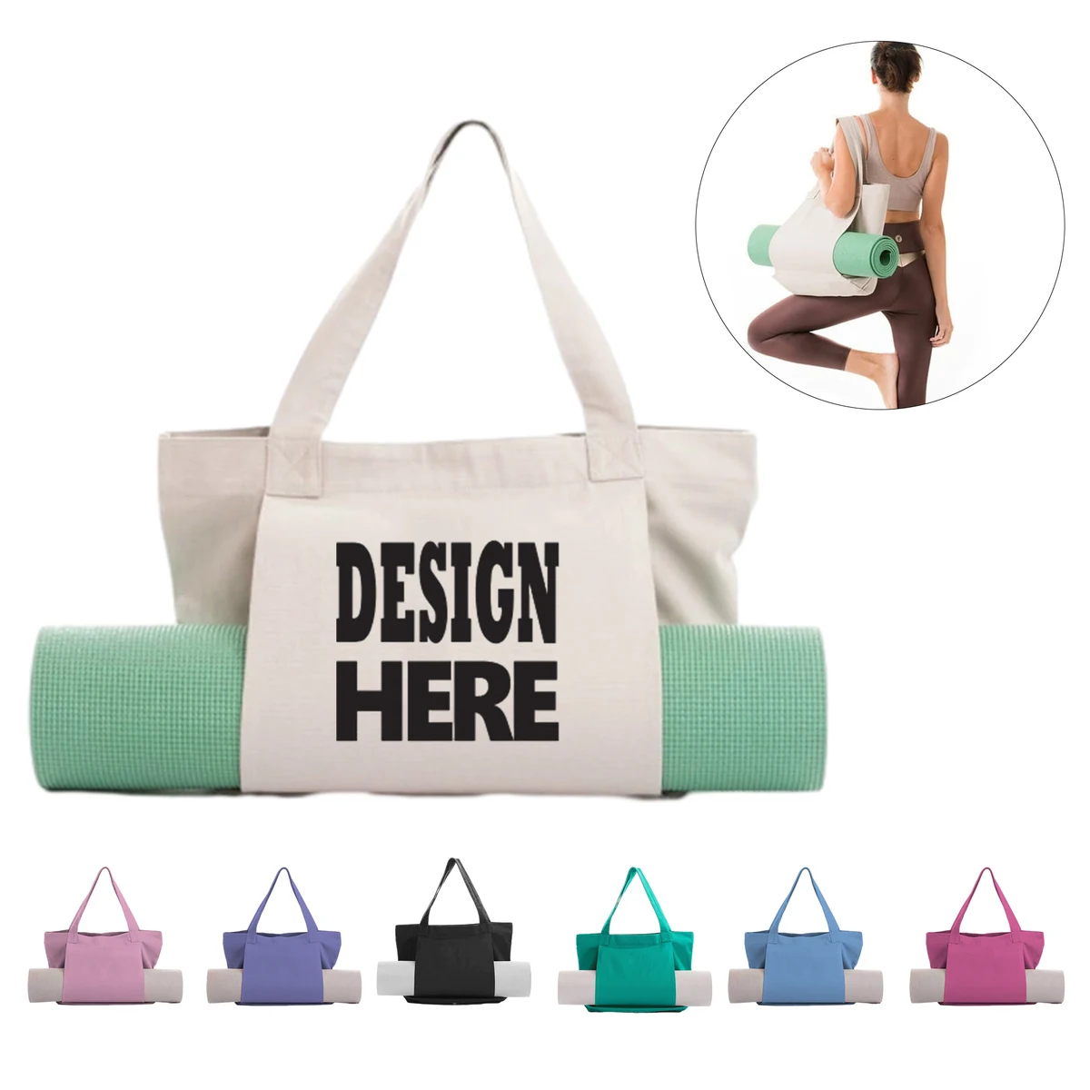 Canvas Tote Bag With Yoga Mat Carrier Pocket, custom tote bag with logo imprint 1
