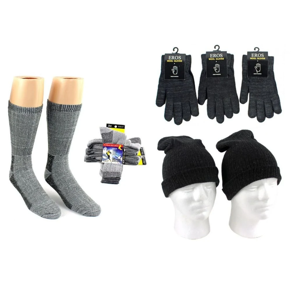Adult Hats Gloves & Socks - Merino Wool Light Gray & Black 1