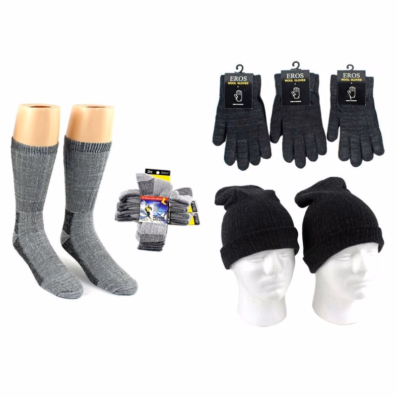 Adult Hats Gloves & Socks - Merino Wool Light Gray & Black