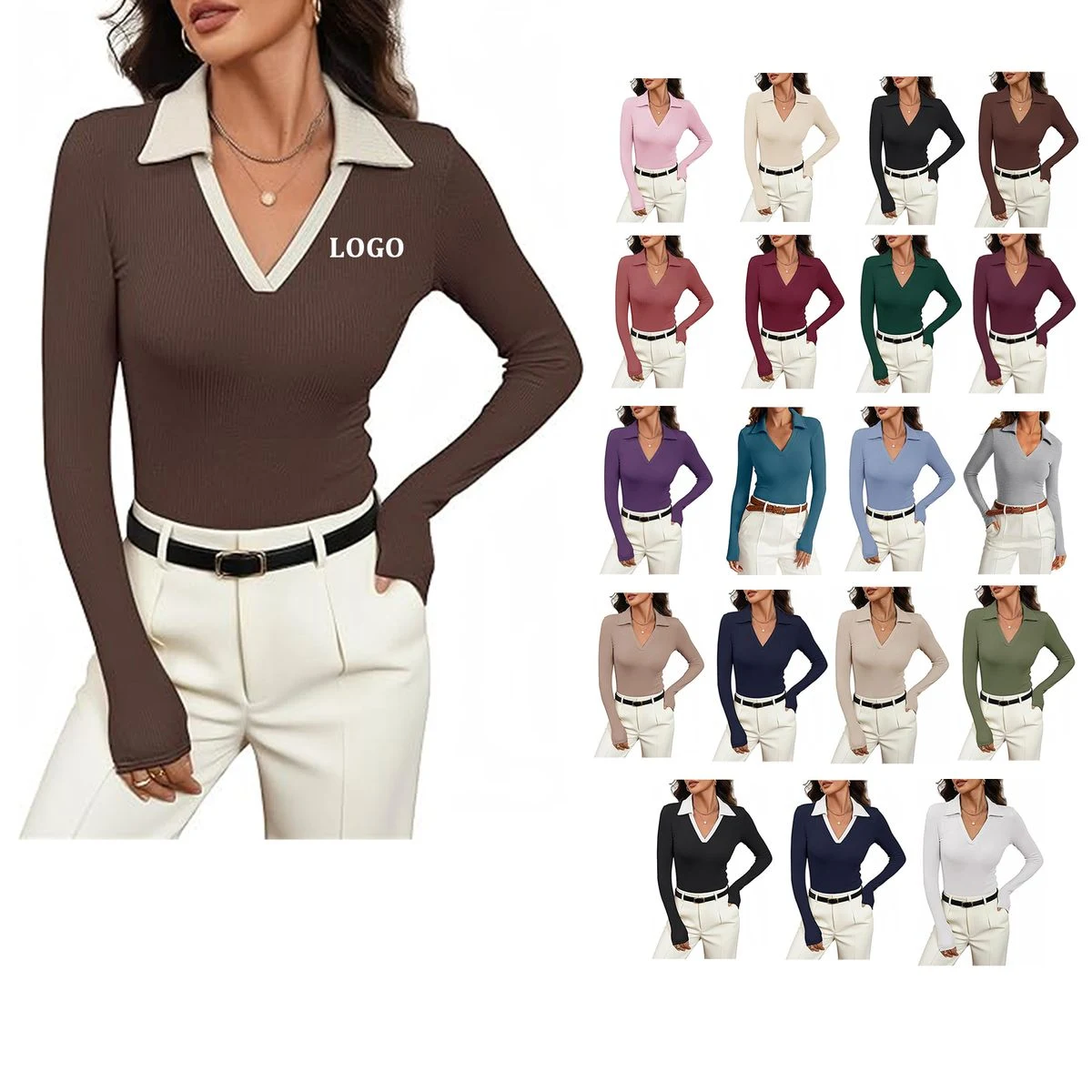 Women Long Sleeve V Neck Polo Shirt 1