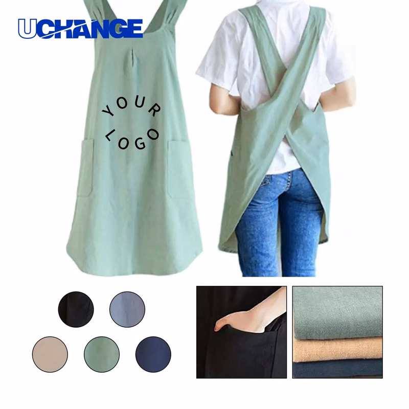 Cotton Linen Apron with Cross-Back Straps for Kitchen Use