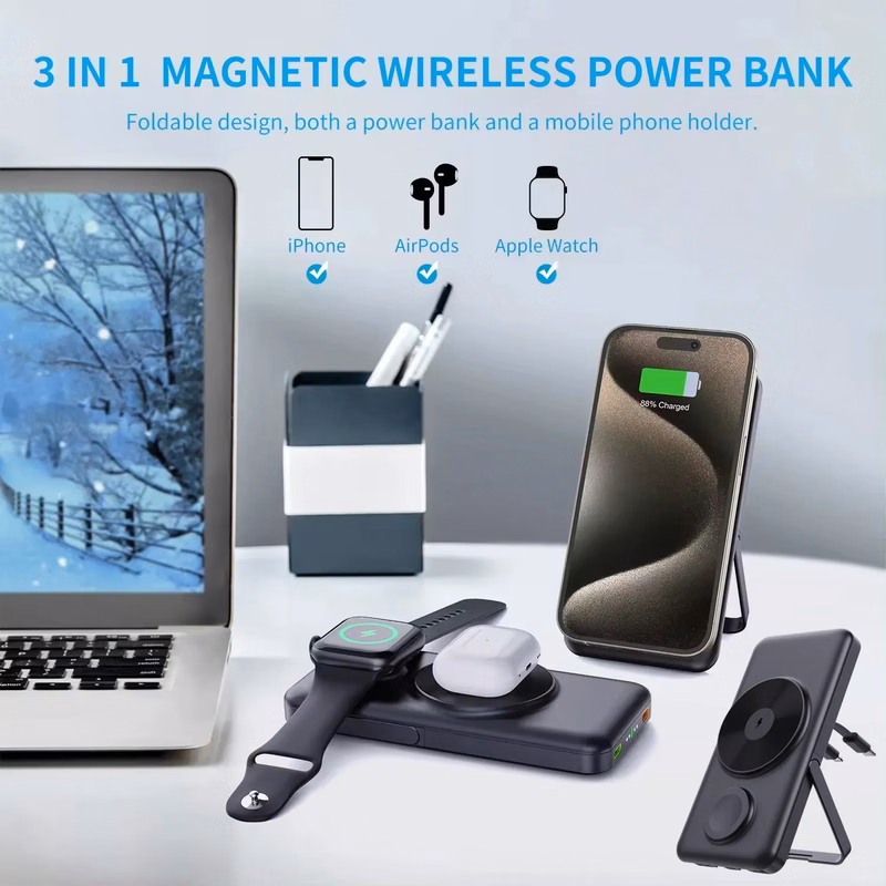 5 in 1 Wireless Magsafe Power Bank with Cable and Stand