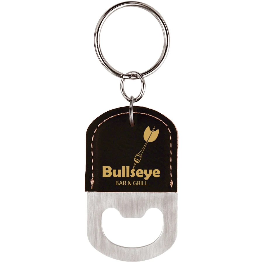Oval Black/Gold Leatherette Bottle Opener Keychain 1