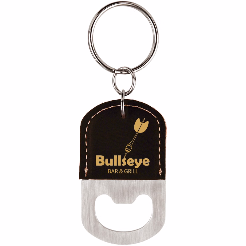 Oval Black/Gold Leatherette Bottle Opener Keychain