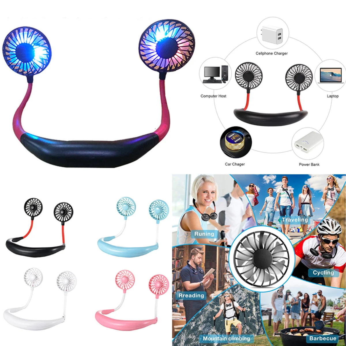 USB Rechargeable Neckband Fan With LED Light 1