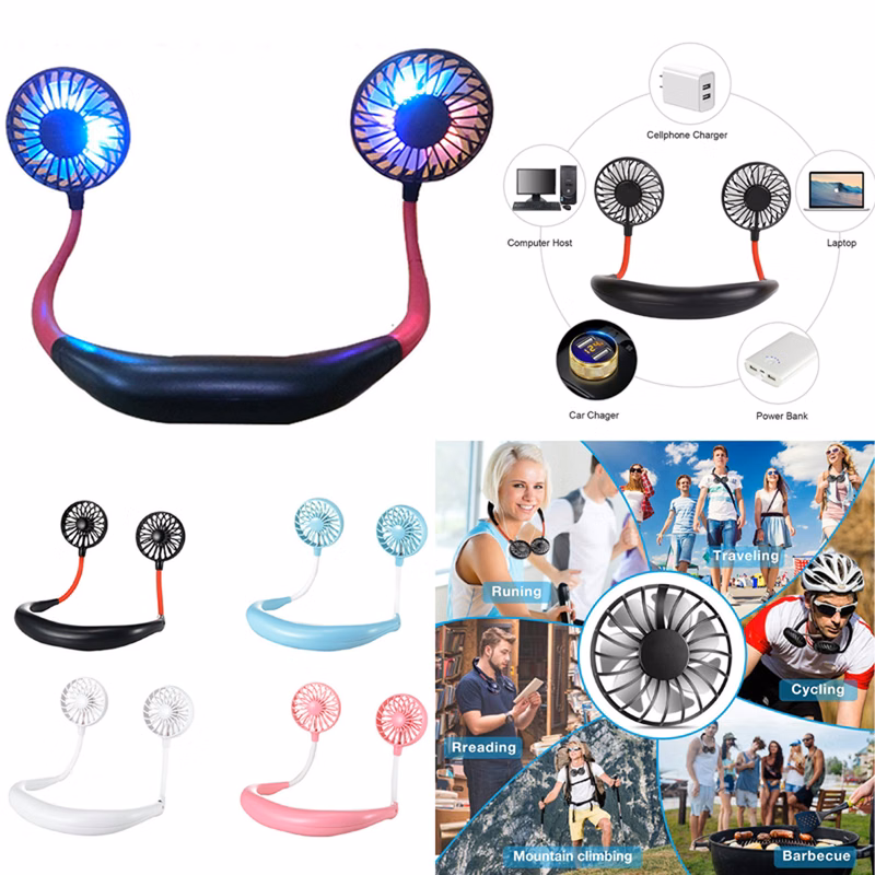 USB Rechargeable Neckband Fan With LED Light