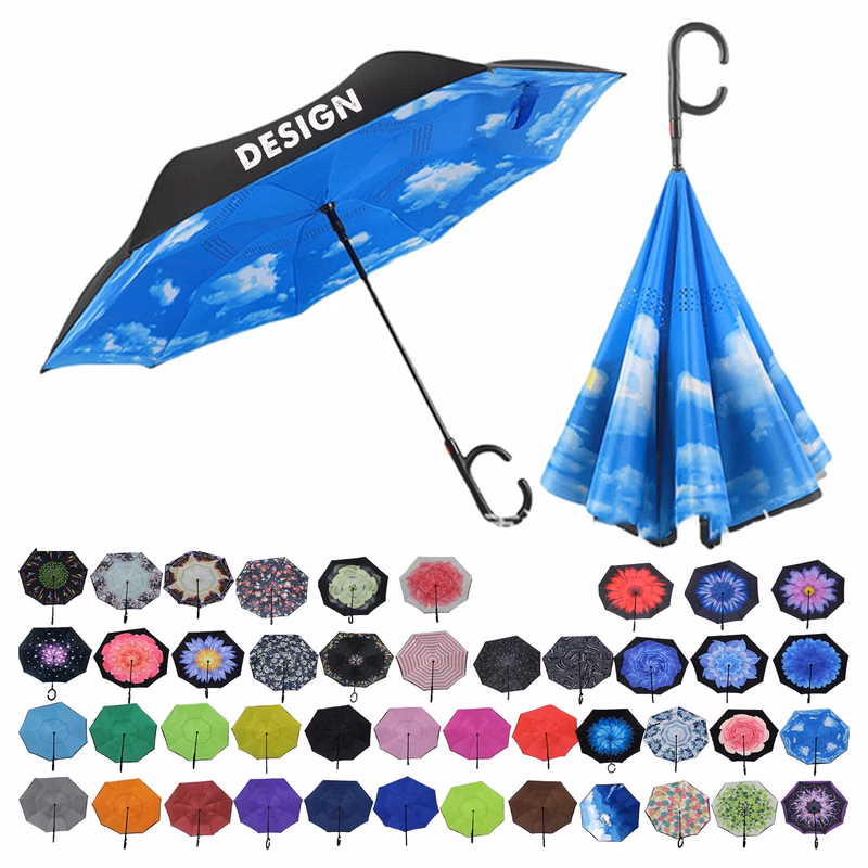 Inverted Reverse Stick Umbrellas with C-shape Handle