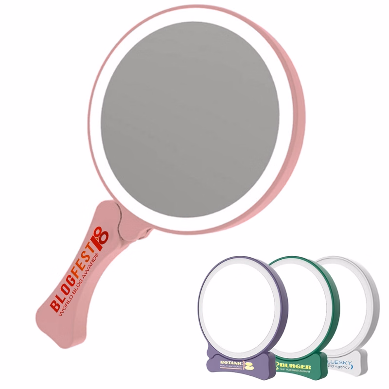 Luxury Round Lighted Travel Folding Handle Makeup Mirror