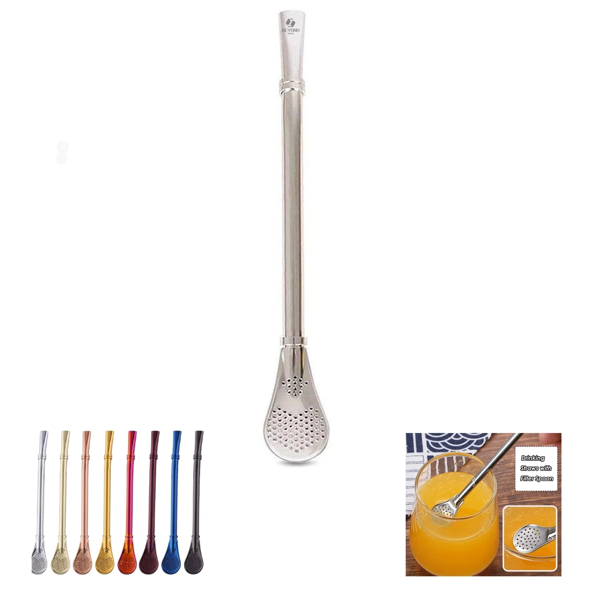 Reusable Stainless Steel Straw With Filter Spoon 1