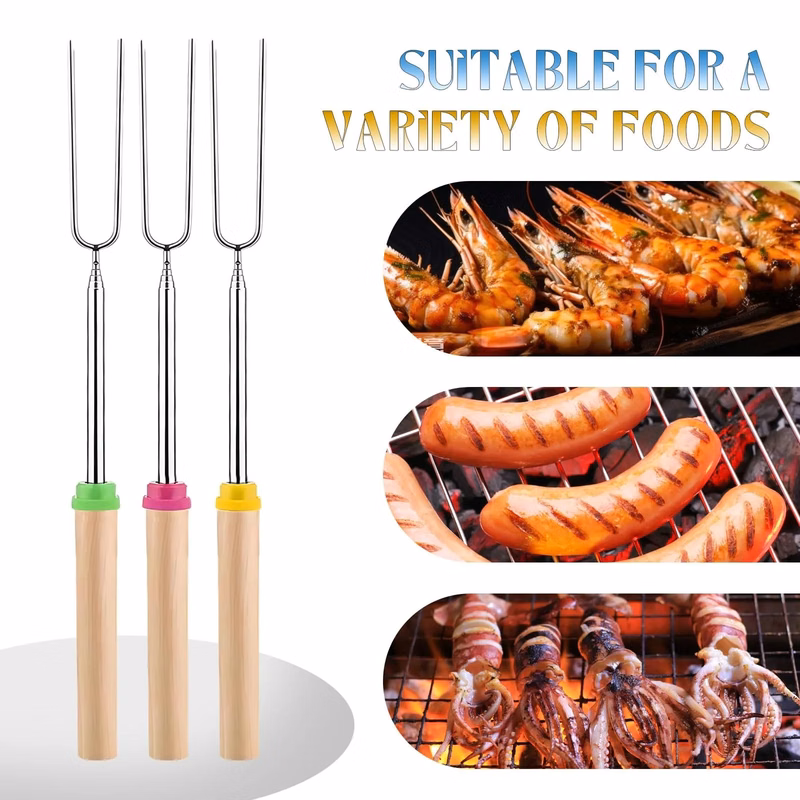 Extendable Stainless Steel Smores Sticks with Wooden Handles