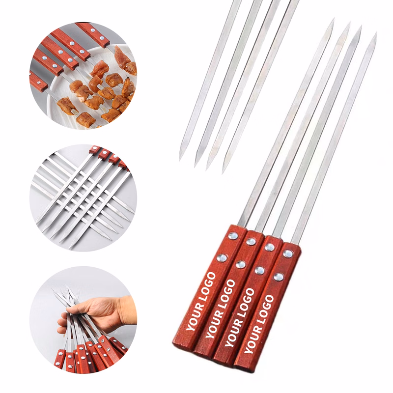 Stainless Steel Barbecue Skewer With Wooden Handle 13.8"