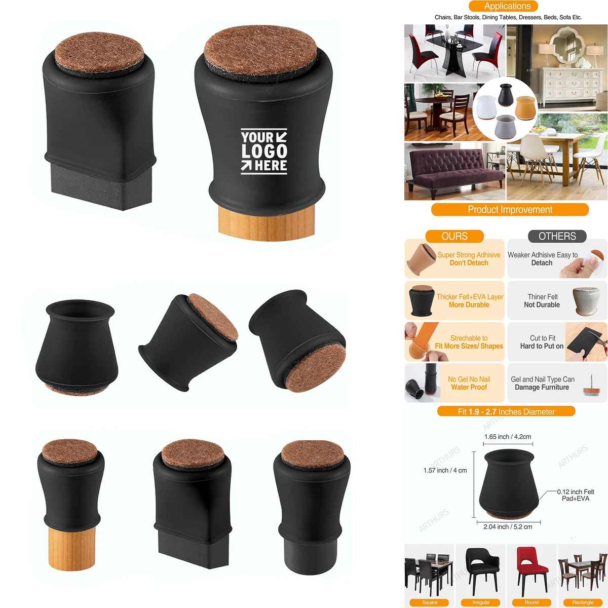 Extra Large Silicone Fit 1.9''-2.7'' Furniture Chair Leg Cap Floor Protector with Felt 1