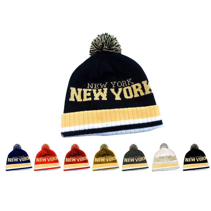 Beanie Cap with Multicolored Pom-Pom Top