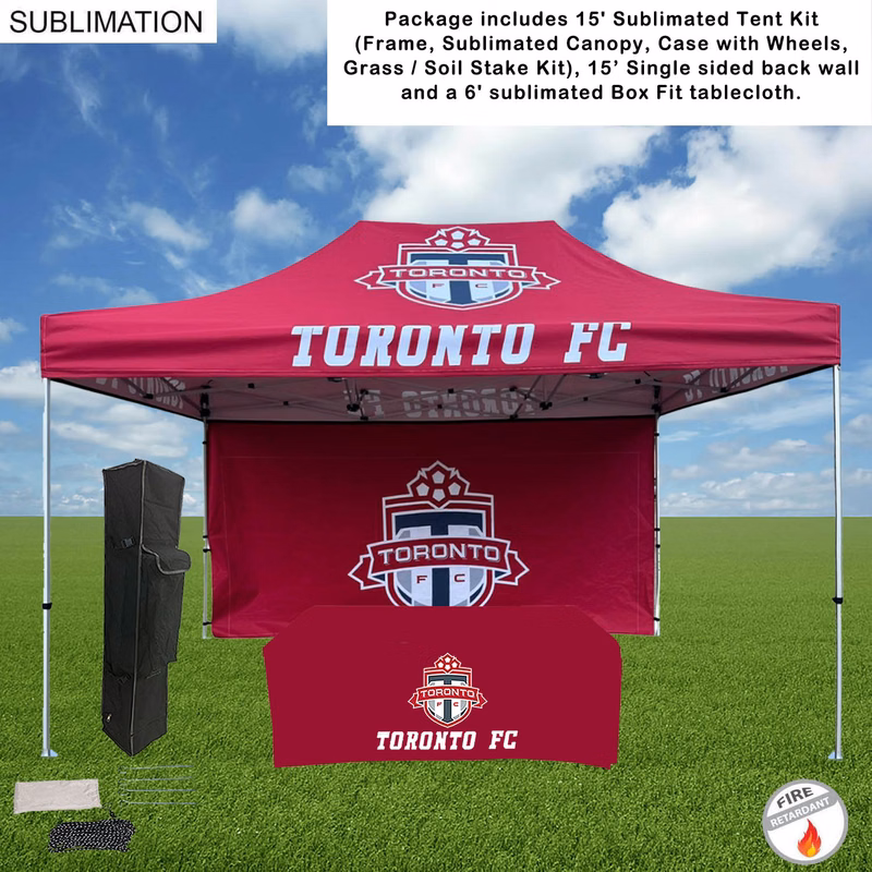 Deluxe Event Package, 15' Sublimated Tent kit, Single sided 15' backwall, and 6' Box Fit Tablecloth