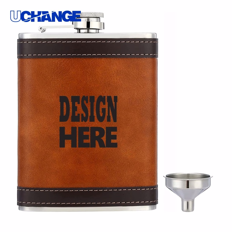 Stainless Steel Hip Flask Container Wrapped Brown Leather