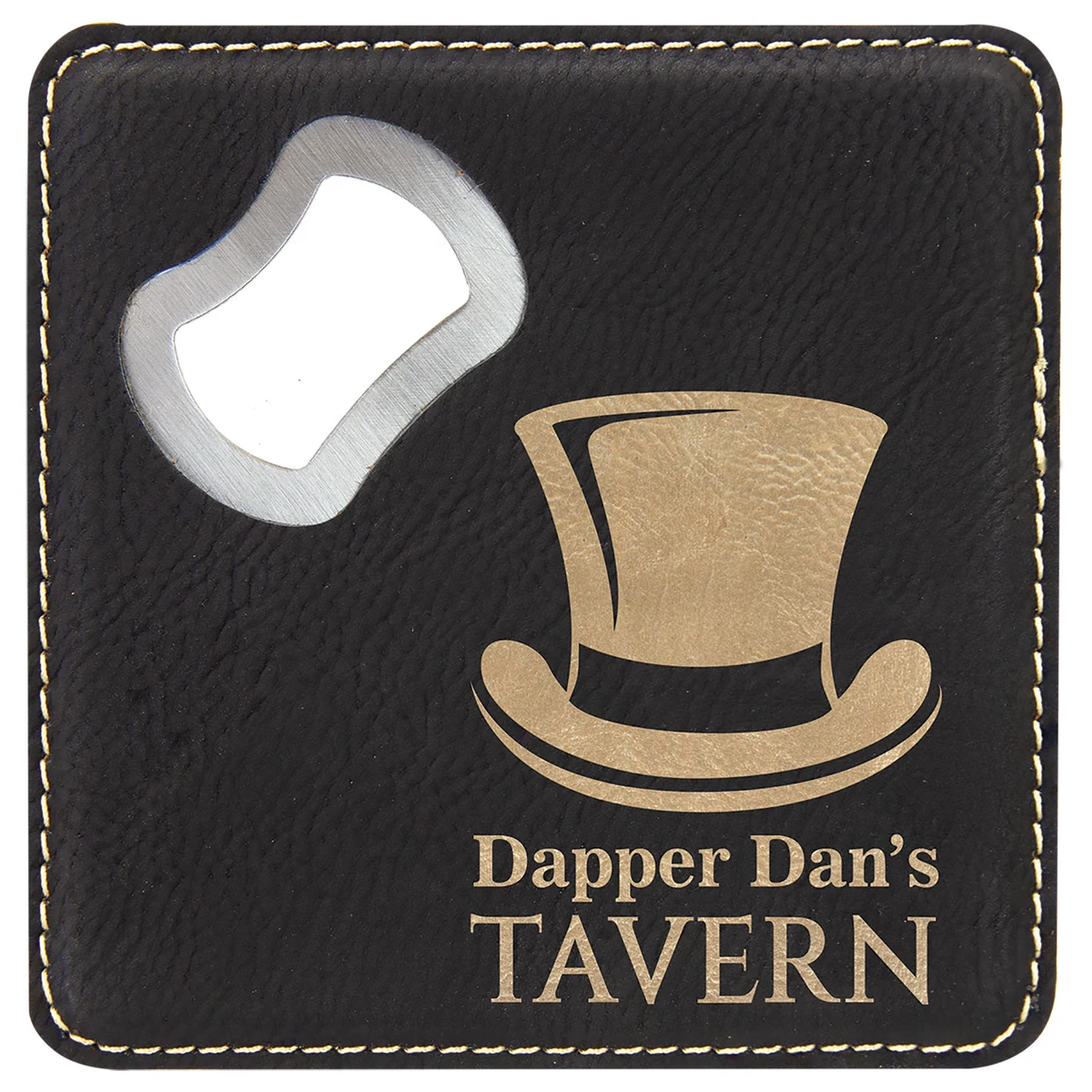 4" x 4" Square Black/Gold Leatherette Bottle Opener Coaster 1