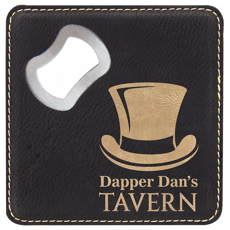 4" x 4" Square Black/Gold Leatherette Bottle Opener Coaster
