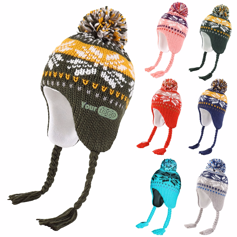 Acrylic Warm And Cozy Winter Knit Hat With Ear Flaps And Pom-Pom