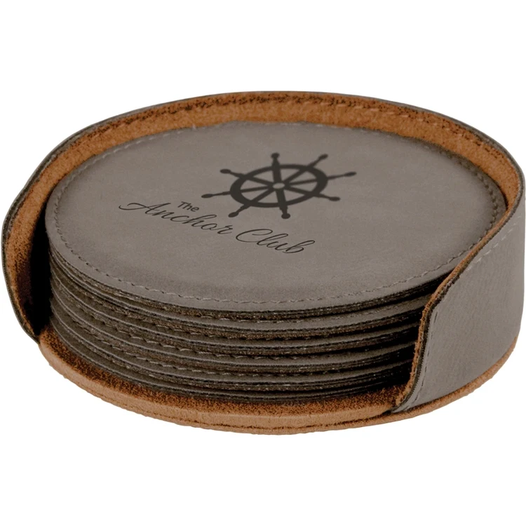Gray Leatherette Set of Six Round Coasters 1