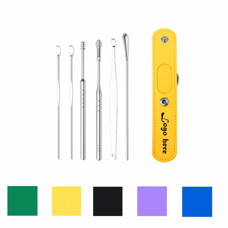 6Pcs Portable Stainless Steel Ear Scoop Set W/ Lether Bag