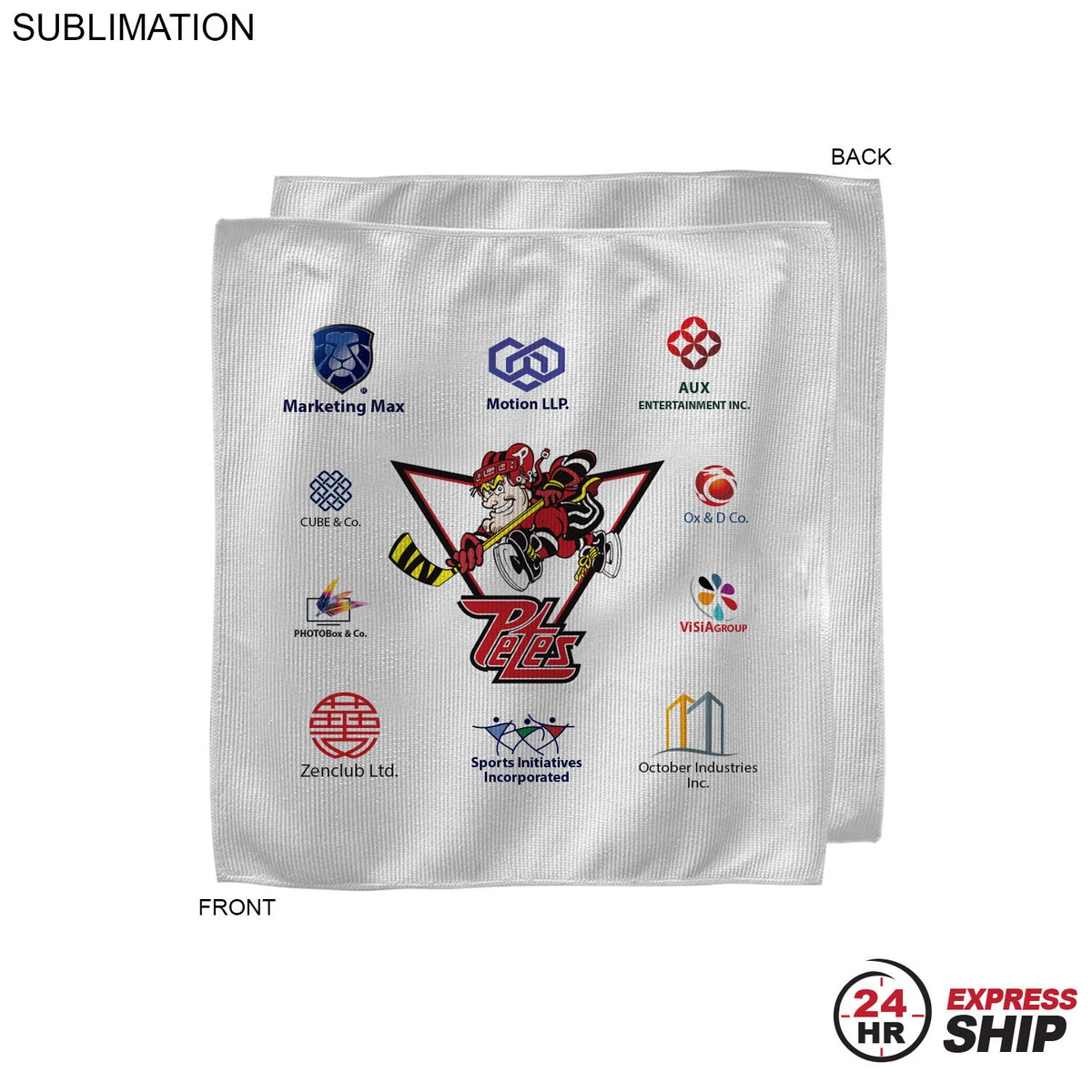 24 Hr Express - White Microfiber Dri-Lite Terry Sponsorship Rally Towel, 12x12, Sublimated 1