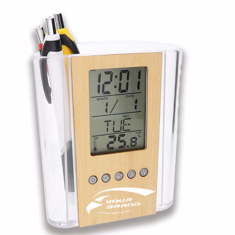 Multifunctional Digital Bamboo And Wood Pen Holder Clock