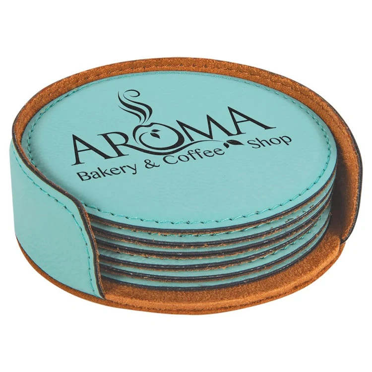 4" Teal Round Leatherette 6-Coaster Set 1