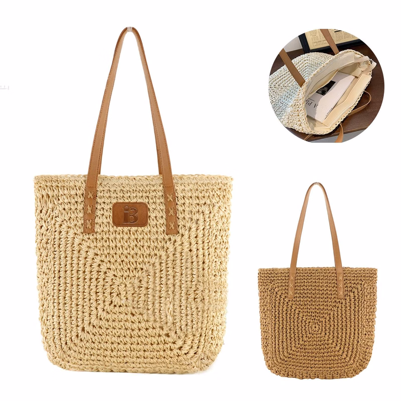 Retro Natural Straw Bag Hand Woven PU Handle Handbags