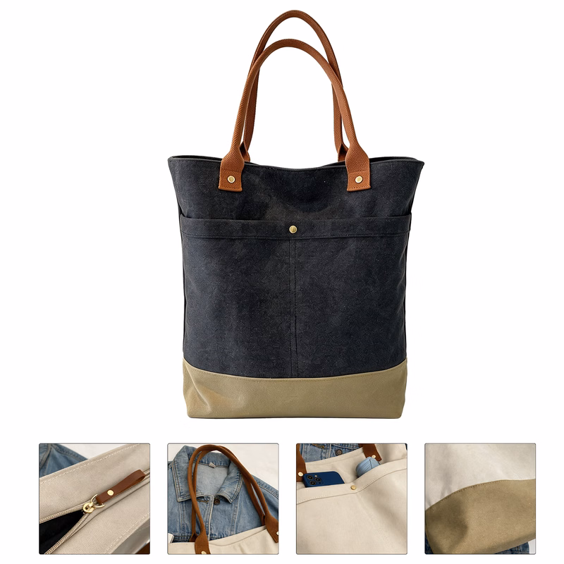 Casual Color-Block Canvas Tote Bag