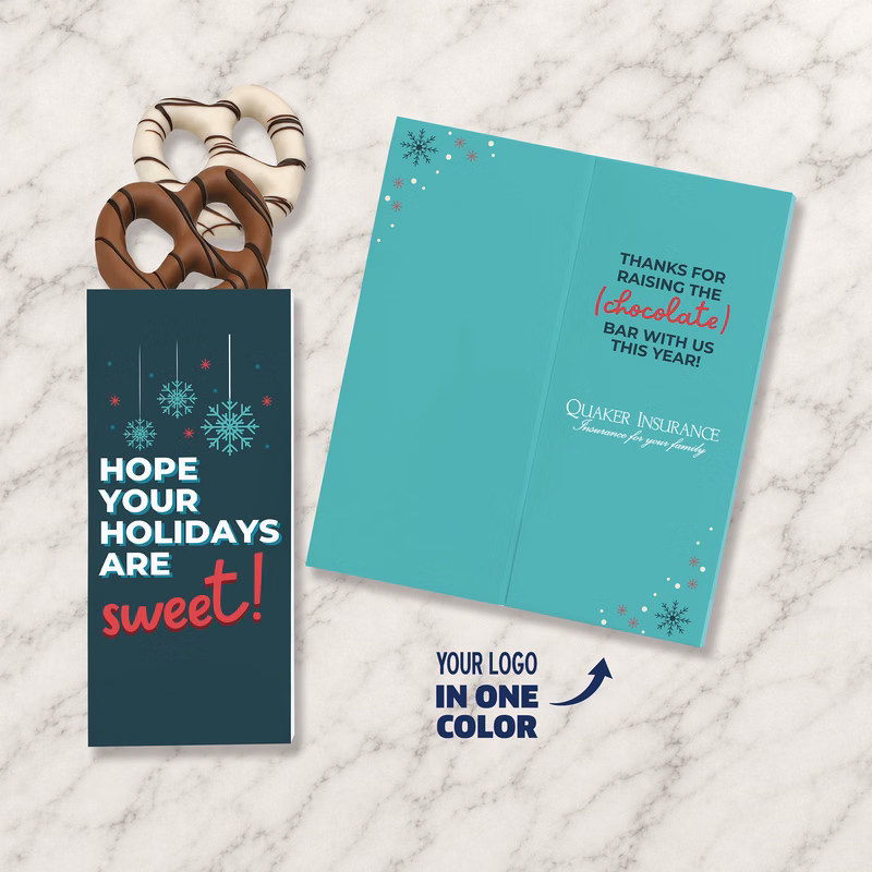 One Color Foil-Stamped Stock Holiday Sentiment Sweeter Cards with Chocolate Dipped Pretzels