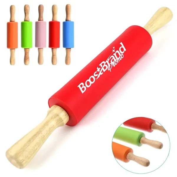 Custom Silicone Rolling Pin with Wood Handles — Kids Baking & Craft Tool 1