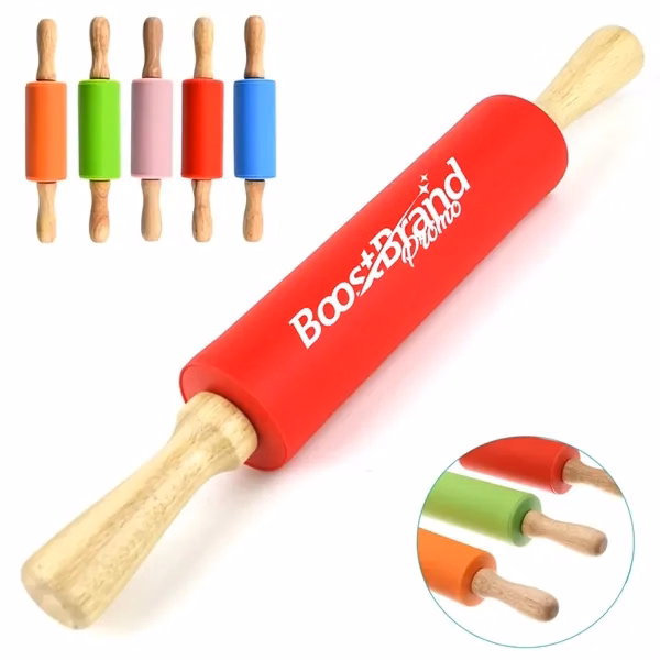 Custom Silicone Rolling Pin with Wood Handles — Kids Baking & Craft Tool