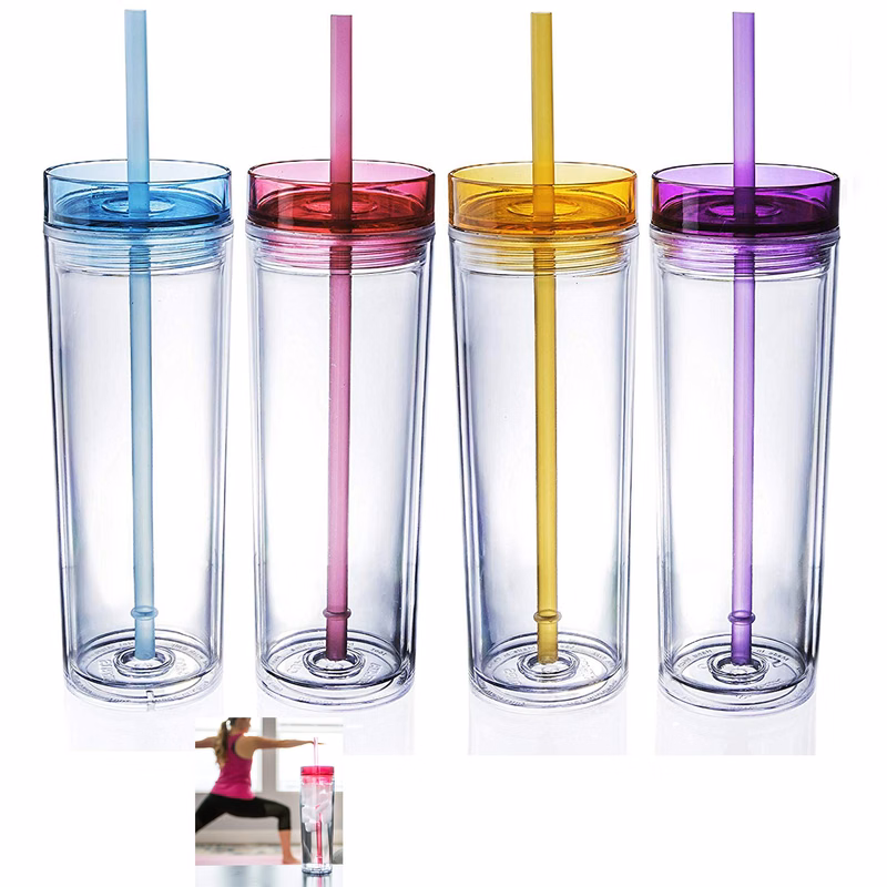 16oz Double Wall Clear Plastic Tumblers with Straw