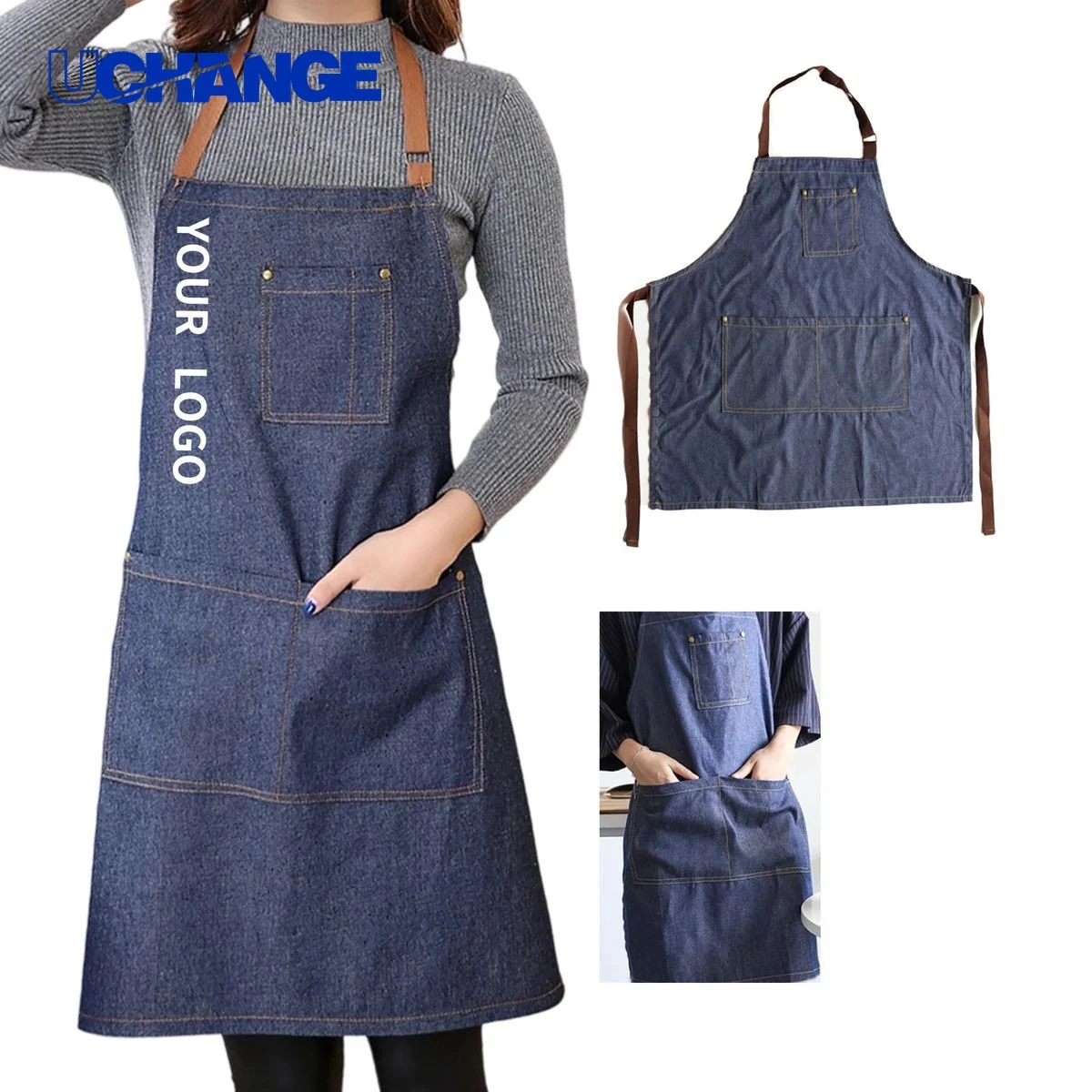 Polyester Denim Apron with Neck Strap and Pockets for Work Use 1