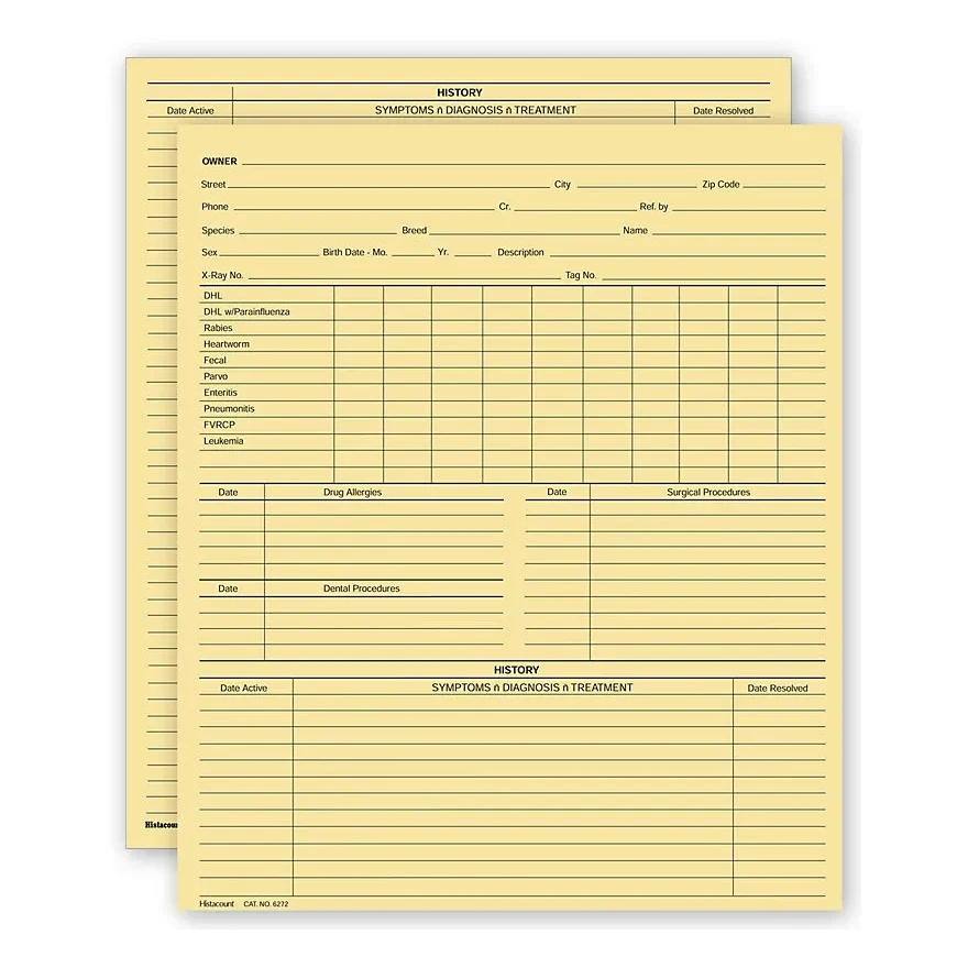 Vet Animal History Exam Record, 2 Sided, Card Size 1