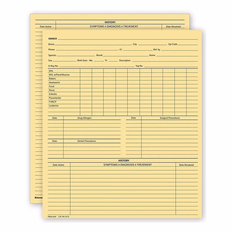 Vet Animal History Exam Record, 2 Sided, Card Size