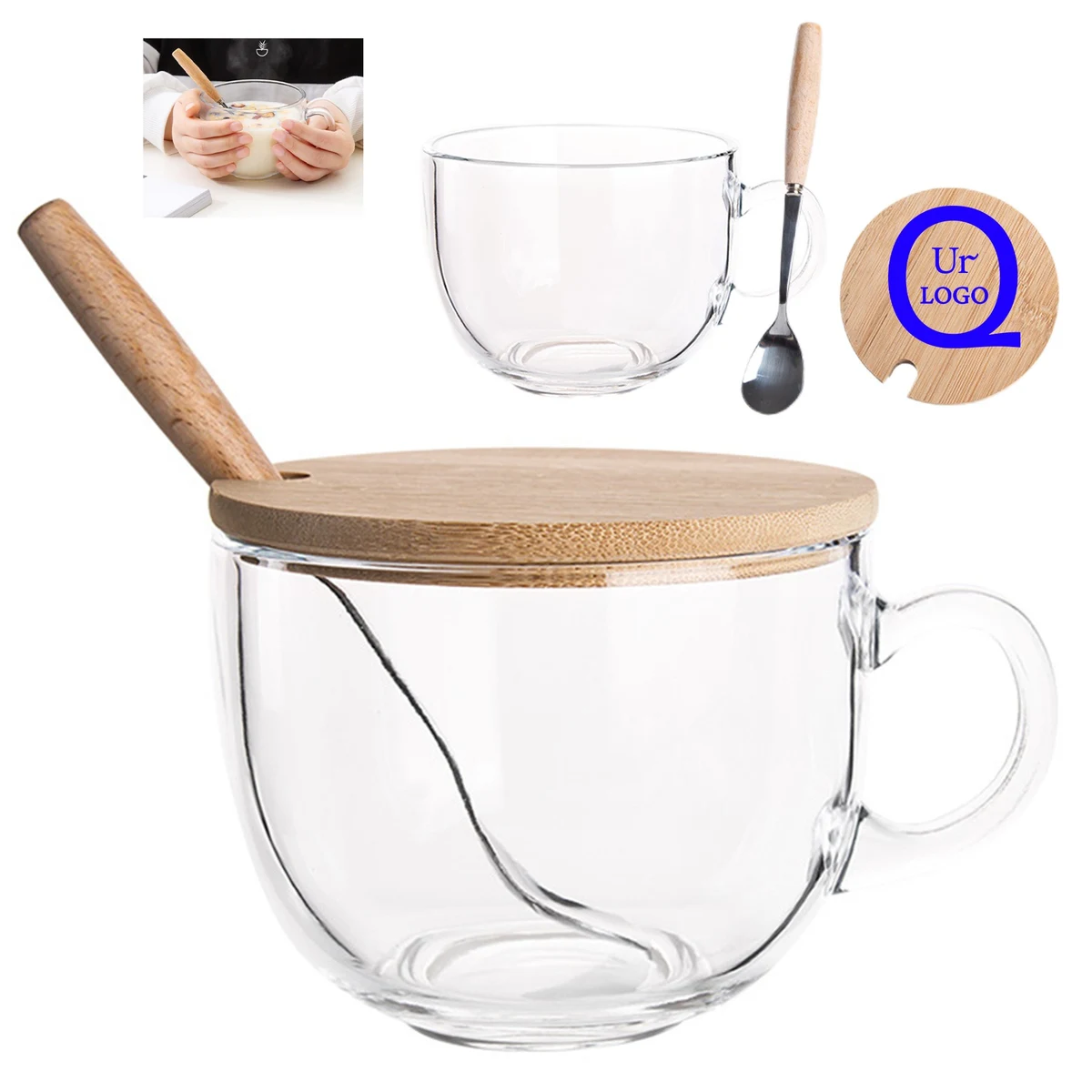 16Oz Glass Coffee Cup W/ Wood Lid 1