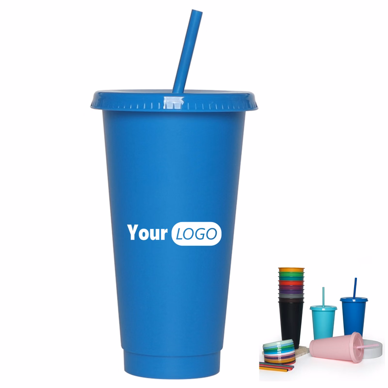 Plastic Straw Cup with Flat Lid