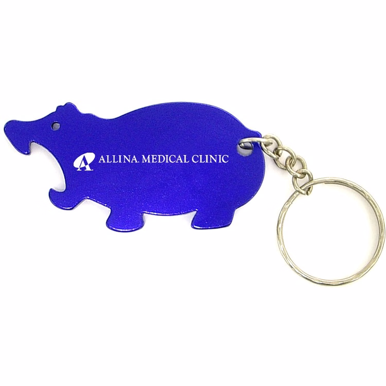 Jumbo size hippo shape bottle opener with key chain.