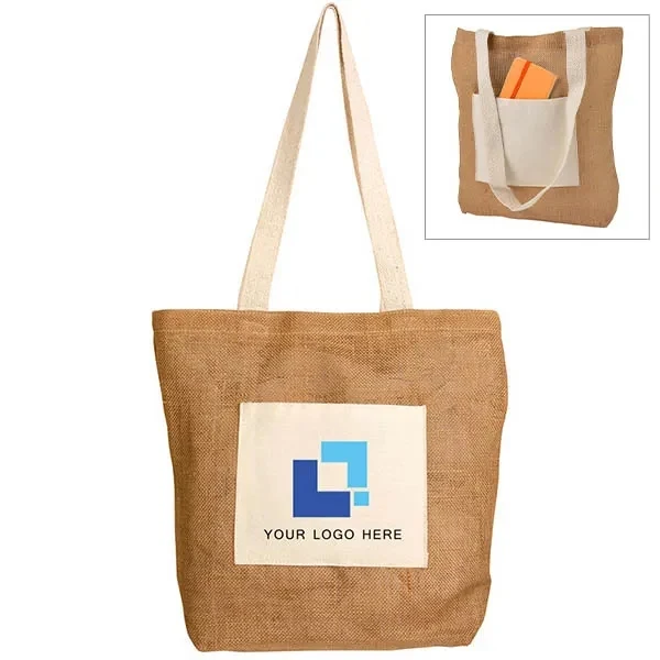 Jute bag with a cotton pocket, custom tote bag with logo imprint 1