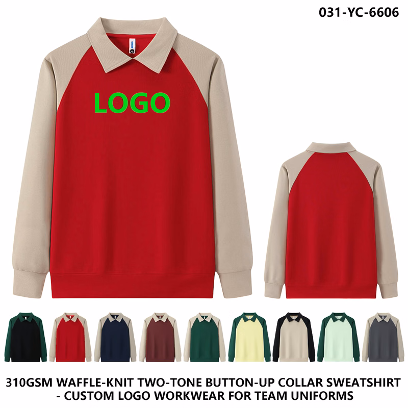 Unisex Custom Logo Polo Collar Color Block Button Sweatshirt