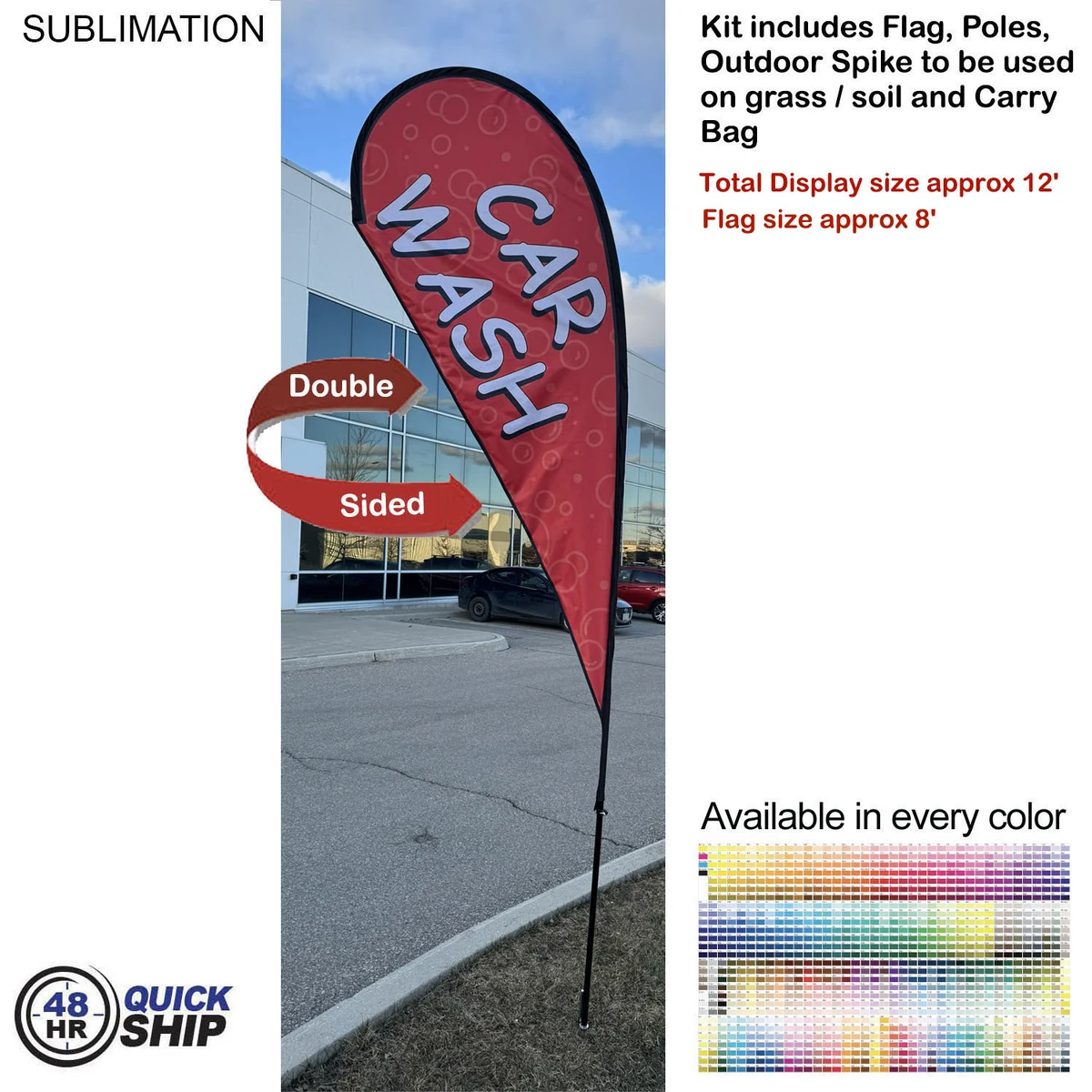 48 Hr Quick Ship - 12' Medium Tear Drop Flag Kit, Full Color Graphics Double Sided, Spike and Bag. 1