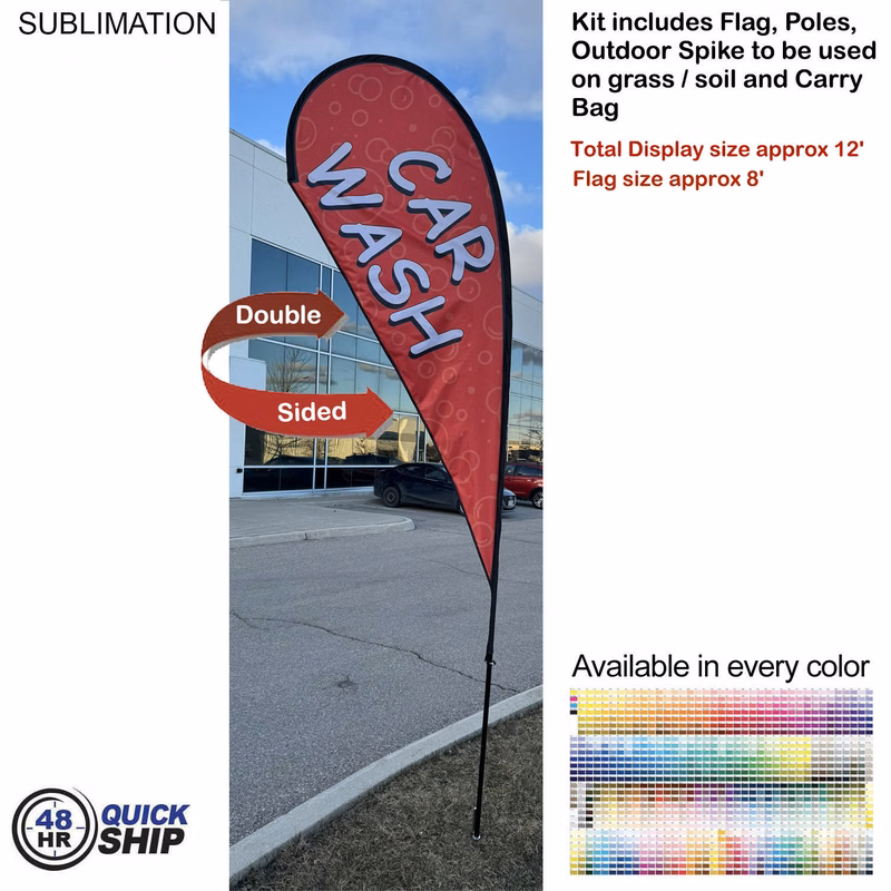48 Hr Quick Ship - 12' Medium Tear Drop Flag Kit, Full Color Graphics Double Sided, Spike and Bag.